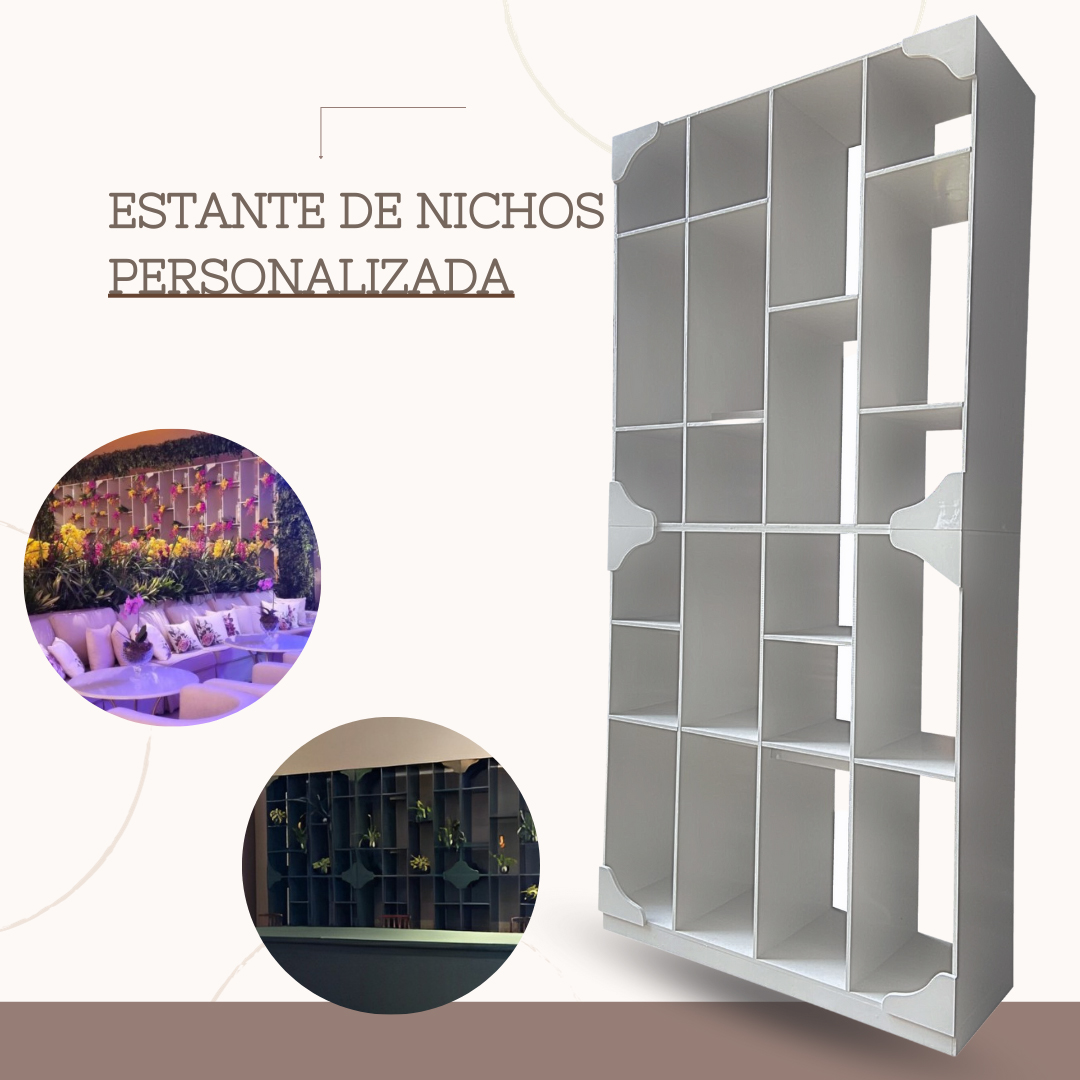 ESTANTE DE NICHOS, LOCAÇÃO DE ESTANTES PERSONALIZADAS DE ACORDO COM A COR DO SEU EVENTO.